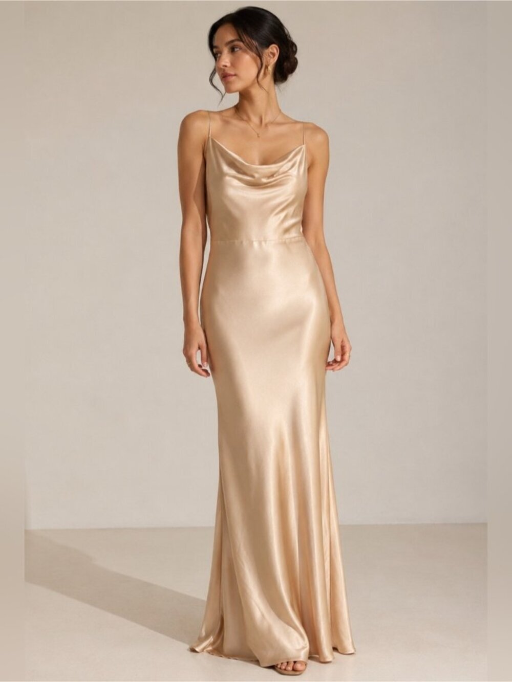 Park & Fifth Champagne Satin Cowl Neck Maxi Dress XS